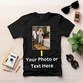 Customized white polyester T-shirt with photo, 100% knitted polycotton blend, suitable for special moments and events