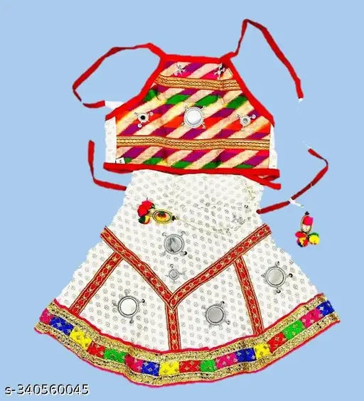 Embroidered cotton blend lehenga-choli set for baby girls, featuring mirror work and sleeveless design, ideal for Janmashtami, Navratri, weddings, or any special occasion
