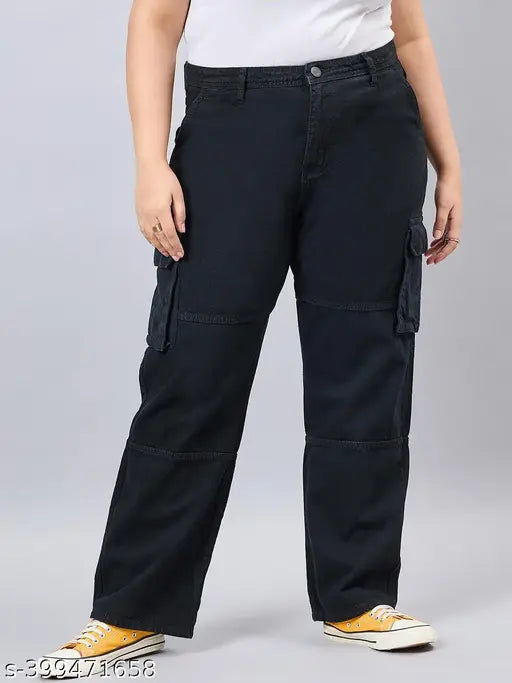 Black plus size women's cotton net relaxed fit high rise cargo pants with side pocket flaps, suitable for vacation wear or casual outings
