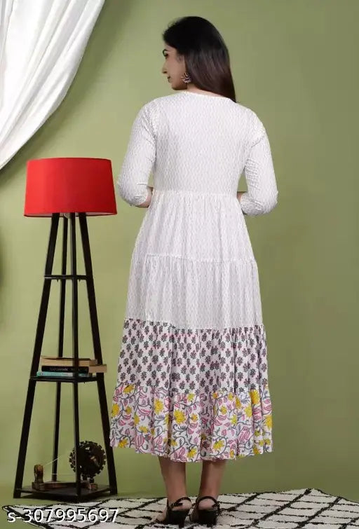 Viscose rayon printed embroidered anarkali kurti, three-quarter sleeve, Indian embroidery on model