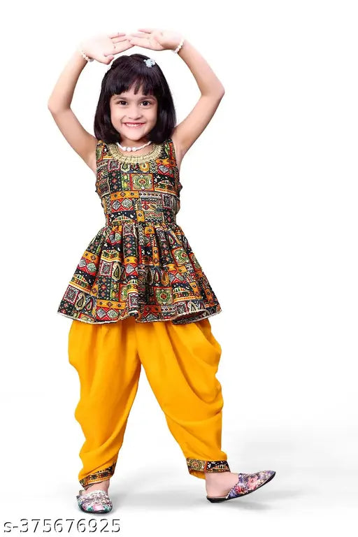 Festive Collection Pink Anarkali Dhoti Pants Kurta Set for Girl, printed crepe fabric, sizes range from 12-8 years, India origin