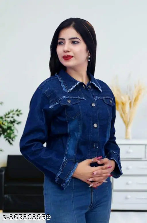 Denim full-sleeve solid women's jacket, soft and comfortable, size S (30in bust, 19in length) - new model, India origin