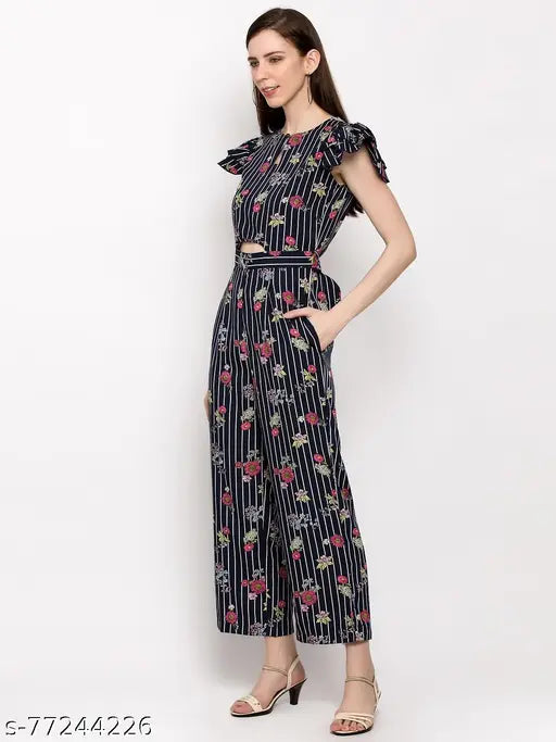 Navy Blue Crepe Slenor Women's Floral Keyhole Neck Short Sleeve Jumpsuit for parties, events, or business