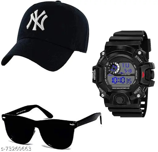 Black stainless steel watch, wayfarer sunglasses, and baseball cap set - fashionable men's combo from WiiBross on display