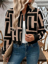 Brown cotton blend printed semi-winter jacket for women with long sleeves and mandarin collar, featuring geometric pattern from India