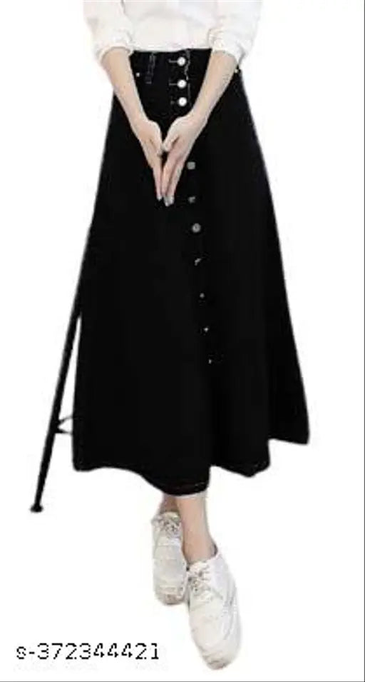 Black denim A-line maxi skirt, lightweight & breathable, designed for women's comfort and versatility