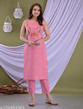 Cotton blend embroidered straight kurta pant set, sleeveless, solid pattern for women, sizes S-5XL, India origin