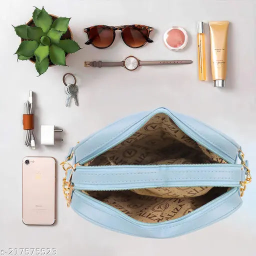 Blue faux leather slingbag, casual trendy travel bag with cloud shape, 2 compartments, free size (10x2x6 inches)