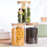 Wooden lid glass jar set for spice, masalas, tea, coffee storage (1000ml), pack of 3 pcs - Airtight and leak-proof, ideal for kitchen essentials