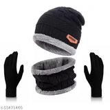 Black textured woolen beanie cap set (1 cap, 1 neck warmer, 1 pair gloves) - Unisex winter essential for men, women, and kids