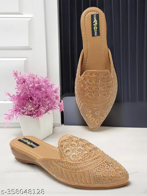 Synthetic embellished belly for girls and women, open back design, stylish ballerina look in trending strap style. Party wear or casual, boost your fashion with BAMBAM bellies. India origin