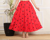 Red love print viscose rayon skirt, vibrant floral design for women's free-size fashion