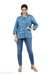 Embroidered denim jacket for women in three-quarter sleeves, feminine fit, collared, button down closure, functional pockets. Casual long sleeve denim jackets for year-round versatility
