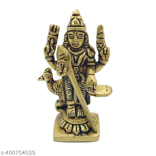 Brass gold small size Murugar statue Kartikeya idol Subrahmanya Swami, traditional Indian deity figurine on display