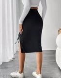 Black polyester pencil skirt for women, solid design in size 26, 28, or 30 on fashion rack