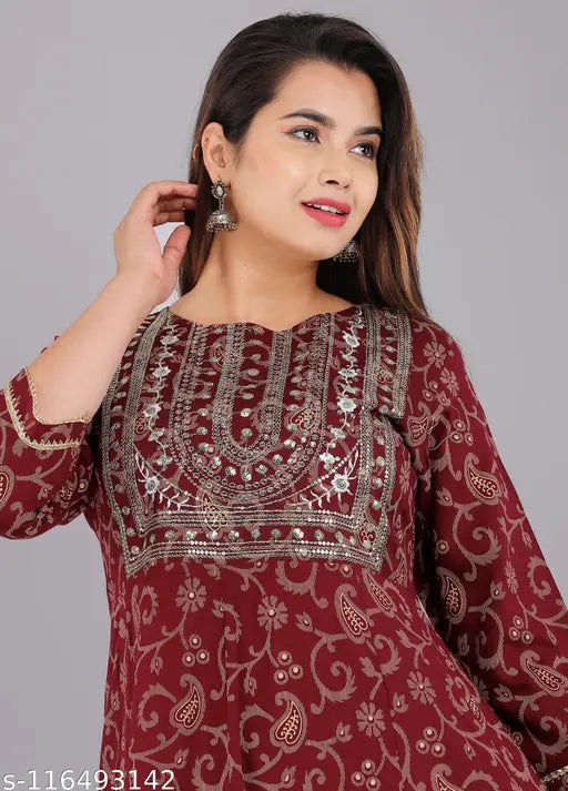 Rayon printed kurtis with sequin embellishments, three-quarter sleeves, wine color. Indian anarkali kurti for women in M, L, XL, XXL, 4XL