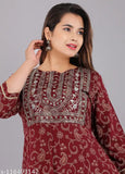 Rayon printed kurtis with sequin embellishments, three-quarter sleeves, wine color. Indian anarkali kurti for women in M, L, XL, XXL, 4XL