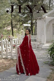 Maroon Georgette gown, solid pattern, long sleeves, women's formal wear, India-made fashion