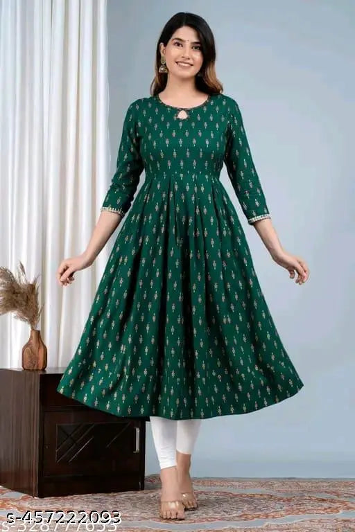 Rayon printed Anarkali gown with three-quarter sleeves, vibrant Indian design. XL (Bust 42in, Size Len 44in), available for various sizes up to 5XL