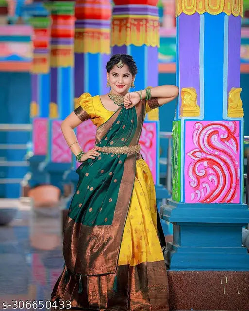 Unstitched Art Silk South Indian Style Half Saree with Lichi Silk Choli, Zari patterns, and matching Dupatta. Un-stitched Lehenga (3.6M), Blouse (0.8M), and Dupatta (2.45M) with included belt. High-quality Indian fabric