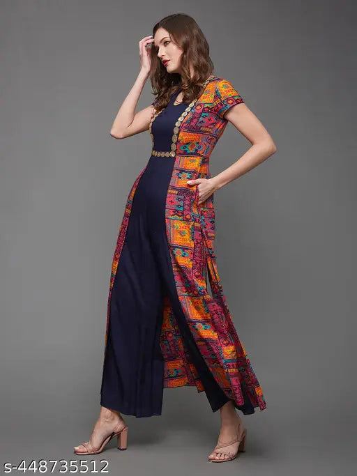 Multicolor and navy blue bohemian viscose rayon jumpsuit, keyhole neck, short sleeves, back closure - women's fashion from India