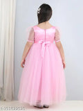 Pink net fit and flare party dress for girls aged 5-10, toy balloon print design