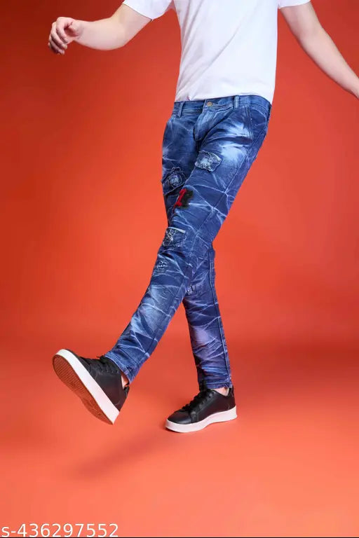 Men's cotton blend funky jeans, solid-colored, denim stretch fabric for active everyday wear. Comfortable front and back pockets, perfect for casual style. Sizes: 28 (28waist/41length/32hip), 30 (32waist/41length/36hip), 32 (30waist/41length/34hip), 34 (34waist/41length/38hip). Made in India