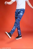 Men's cotton blend funky jeans, solid-colored, denim stretch fabric for active everyday wear. Comfortable front and back pockets, perfect for casual style. Sizes: 28 (28waist/41length/32hip), 30 (32waist/41length/36hip), 32 (30waist/41length/34hip), 34 (34waist/41length/38hip). Made in India