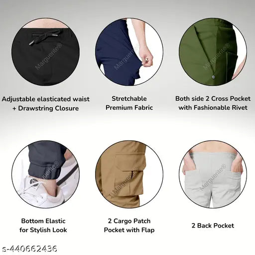 Light grey stretchable cargo trouser for gym and night wear, polycotton, multiple pockets, elastic waist with drawstring & zipper fly, suitable for all seasons