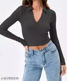 White cotton long sleeve trendy women's t-shirt, rib knit tank top with notch neck