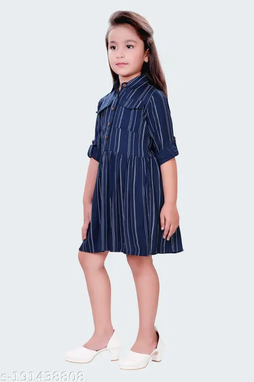 Striped cotton shirt dress for kids girls (7-8 yrs, 27in bust, 28in length) - Indian made