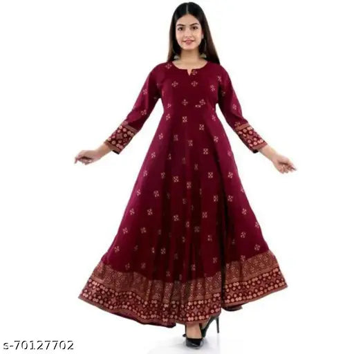 Rayon embroidered Anrkali Kurtis, graceful mirror work design for women, XL (Bust 42in, Len 48in)