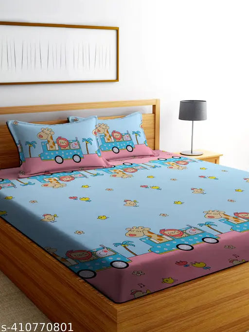 Kids cartoon fitted bedsheet, cotton blend, elastic, zigzag pattern, multicolor, soft cotton fabric, stylish design. Ideal for kids' summer bedroom decor. Machine washable. Made in India