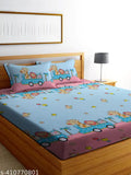 Kids cartoon fitted bedsheet, cotton blend, elastic, zigzag pattern, multicolor, soft cotton fabric, stylish design. Ideal for kids' summer bedroom decor. Machine washable. Made in India