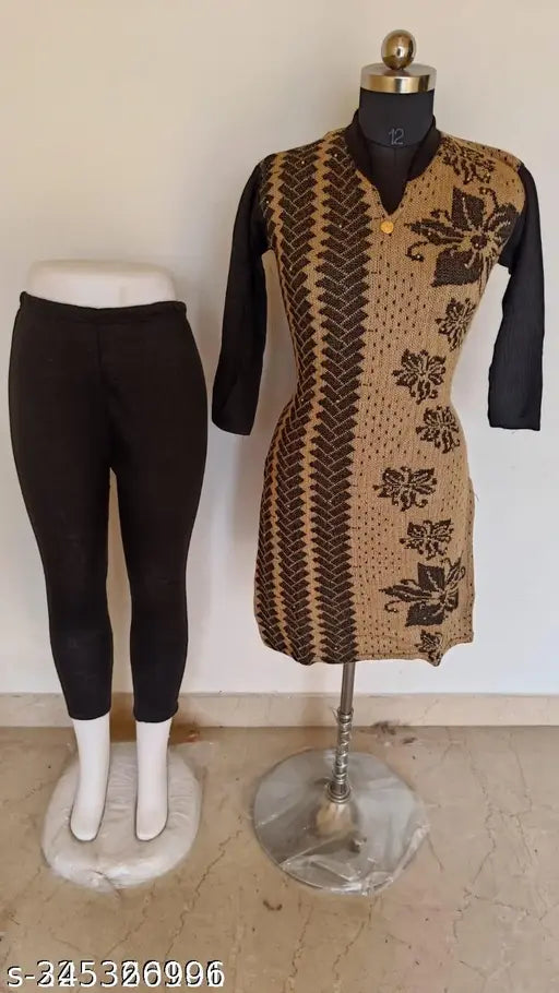 Yellow woolen kurti set with pants, three-quarter sleeves, printed net pattern on display