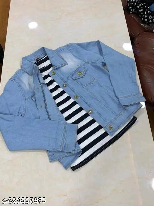 Denim jacket and top combo, solid denim set for women, two pieces in XS and S sizes, Indian origin