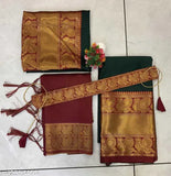 New traditional kids unstitched half saree in litchi silk, features woven design blouse and dupatta. Unstitched lehenga (2.8m) with tussled fabric and belt included, perfect for little girls