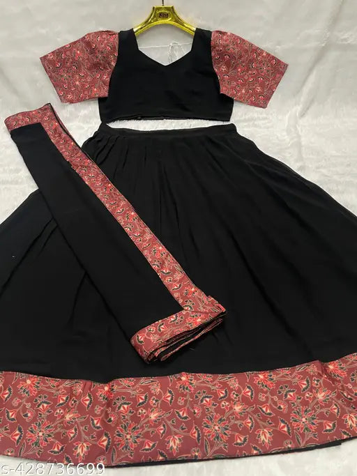 Trending South Collection, faux georgette Lehenga-Dhavani set in solid colors, free size with blooming floral detail, Indian origin