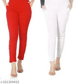 White cotton jeggings with red cigar stripes for women, solid pattern, available in sizes 24-XXL