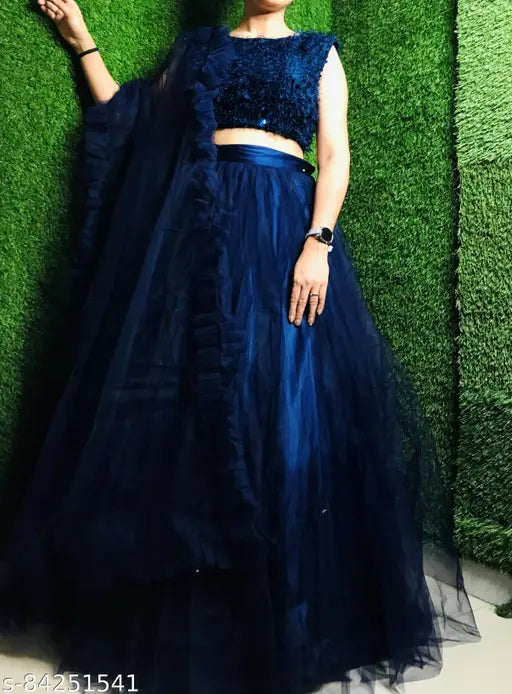 Blue acrylic and net embellished lehenga set with ruffle dupatta, trendy Indian party wear
