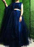 Blue acrylic and net embellished lehenga set with ruffle dupatta, trendy Indian party wear