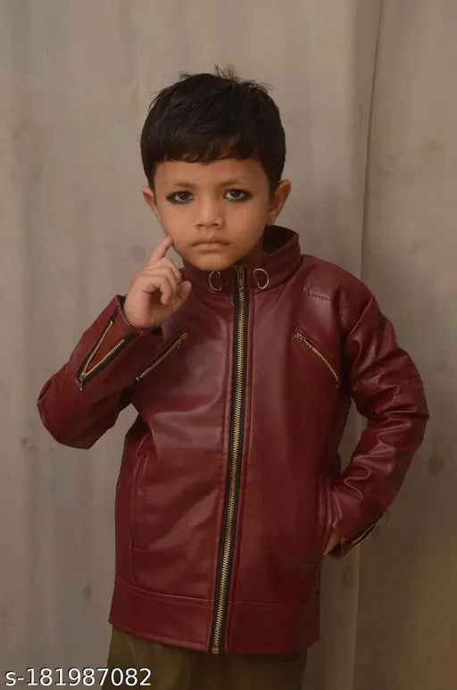 Cherry faux leather winter jacket for kids and boys, solid pattern, long sleeves, waterproof, size range: 2-15 years