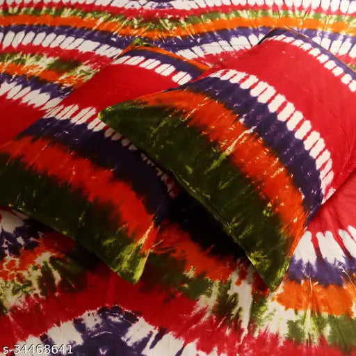 Hand-made tie dye cotton double bedsheet with 2 pillow covers, vibrant batik print for a soothing yet elegant sleep space