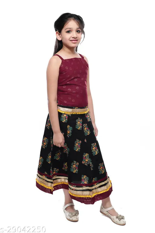 Embellished rayon slub sleeveless printed skirt top, ethnic motif design for kids ages 6 months to 4 years, made in India