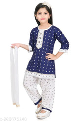 Rayon kurti patiala set for girls, navy blue print with dupatta, suitable for ages 3 to 10 years