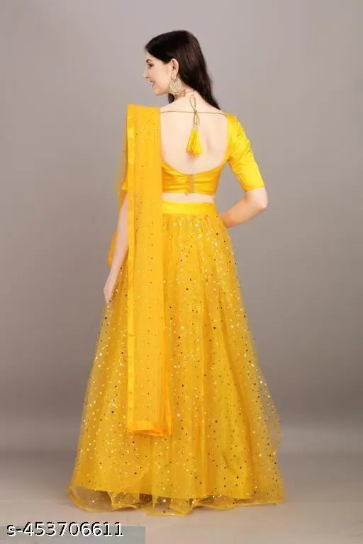 Yellow satin lehenga with embellished net dupatta and blouse, semi-stitched Indian traditional outfit for women