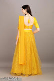 Yellow satin lehenga with embellished net dupatta and blouse, semi-stitched Indian traditional outfit for women