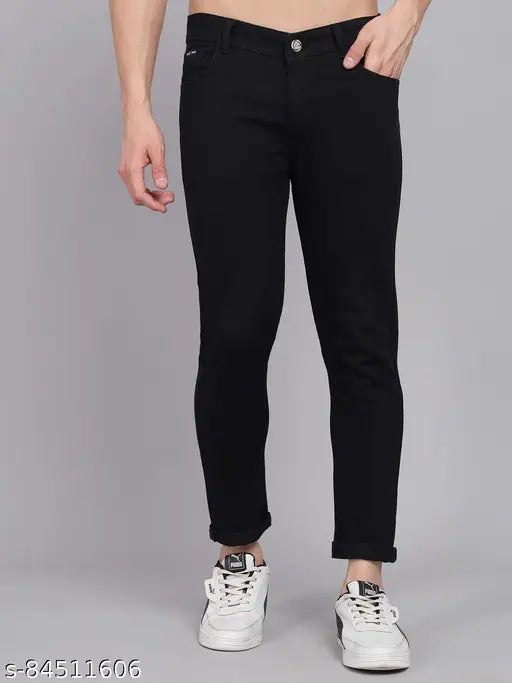 Black solid denim slim fit jeans by Fude Pride, high-quality stretchable fabric for casual and special occasions
