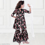 Dupion silk girls' kurta sharara set with dupatta, embellished with laces, comfortable for any season or occasion