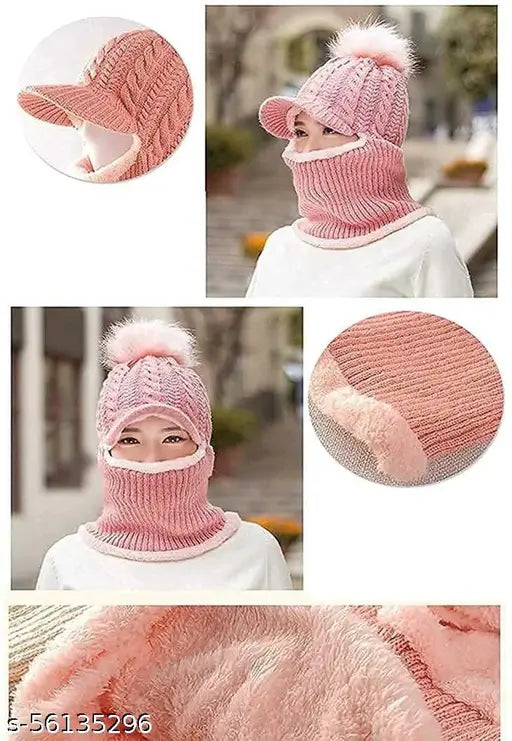 Woolen beanie cap "CAT PICK CAP GIRL" in solid color, warm winter hat with attached neck cover and mask, origin India